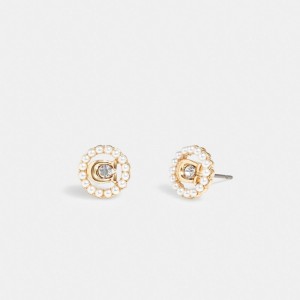 Aretes COACH® Signature Crystal Pearl Stud Mujer Doradas | COYXM521