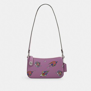 Bolsa de Hombro COACH® Cosmic Penn With Rocket Print Mujer Plateadas Moradas Multicolor | COJPV220