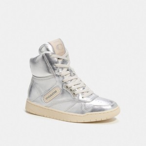 Tenis COACH® C202 High Top In Metallic Hombre Metal Plateadas | COFDL945