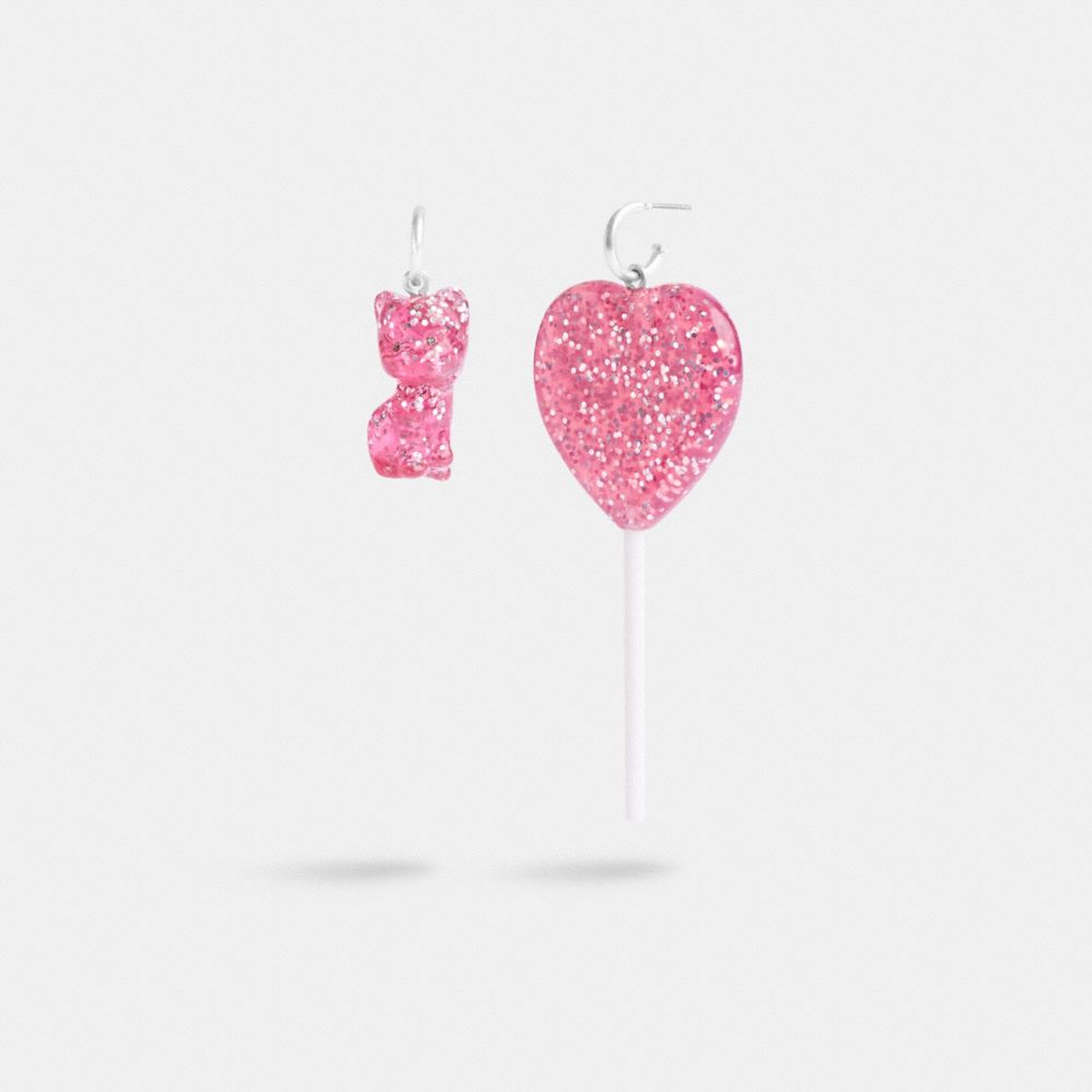 Aretes COACH® The Lil Nas X Drop Cat And Heart Lollipop Mismatch Mujer Plateadas Rosas | COEBL513