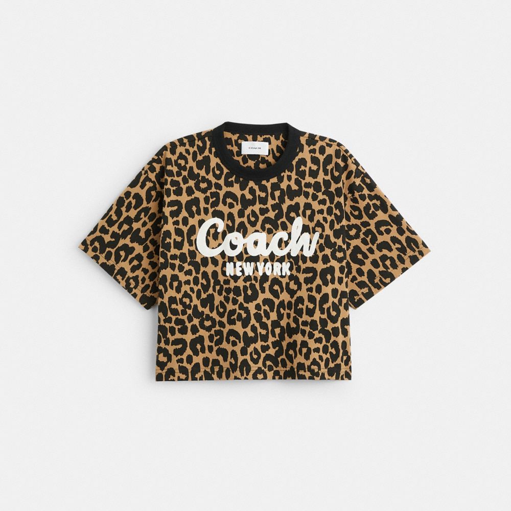 Camiseta COACH® Leopard Cursive Signature Cropped Mujer Leopardo | COAHE578