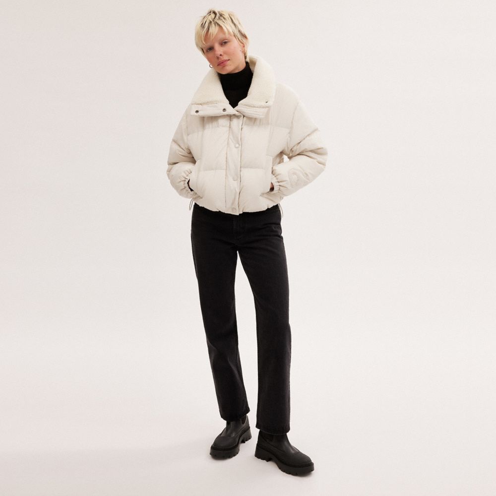 Chaqueta COACH® Cropped Puffer With Sherpa Mujer Blancas | COLIB653