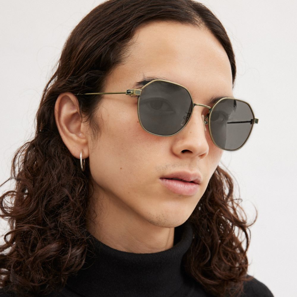 Lentes de Sol COACH® Hinged Geometric Round Hombre Doradas Negras | CONWO800