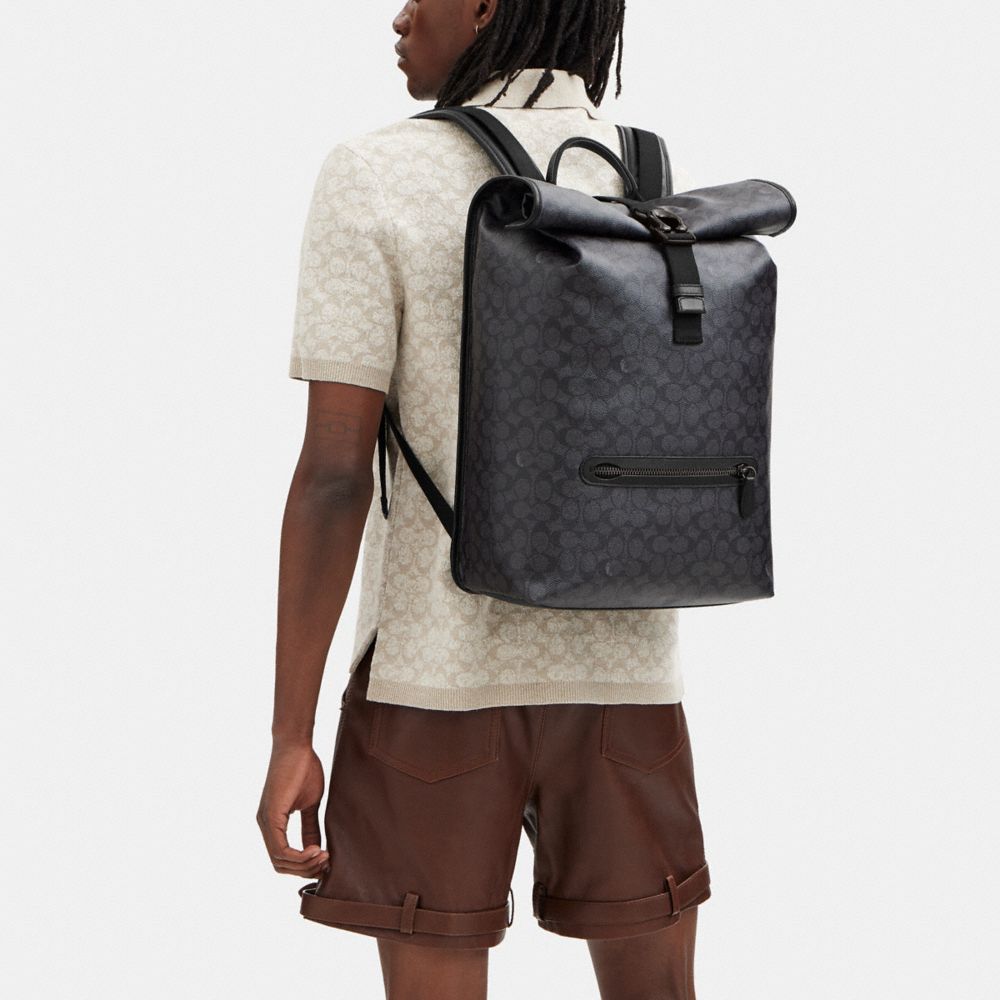 Mochila COACH® Beck Roll Top In Signature Canvas Hombre Gris | COAHK890