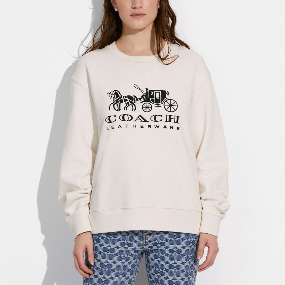 Sudadera COACH® Horse And Carriage Crewneck In Organic Cotton Mujer Blancas | CONWJ592