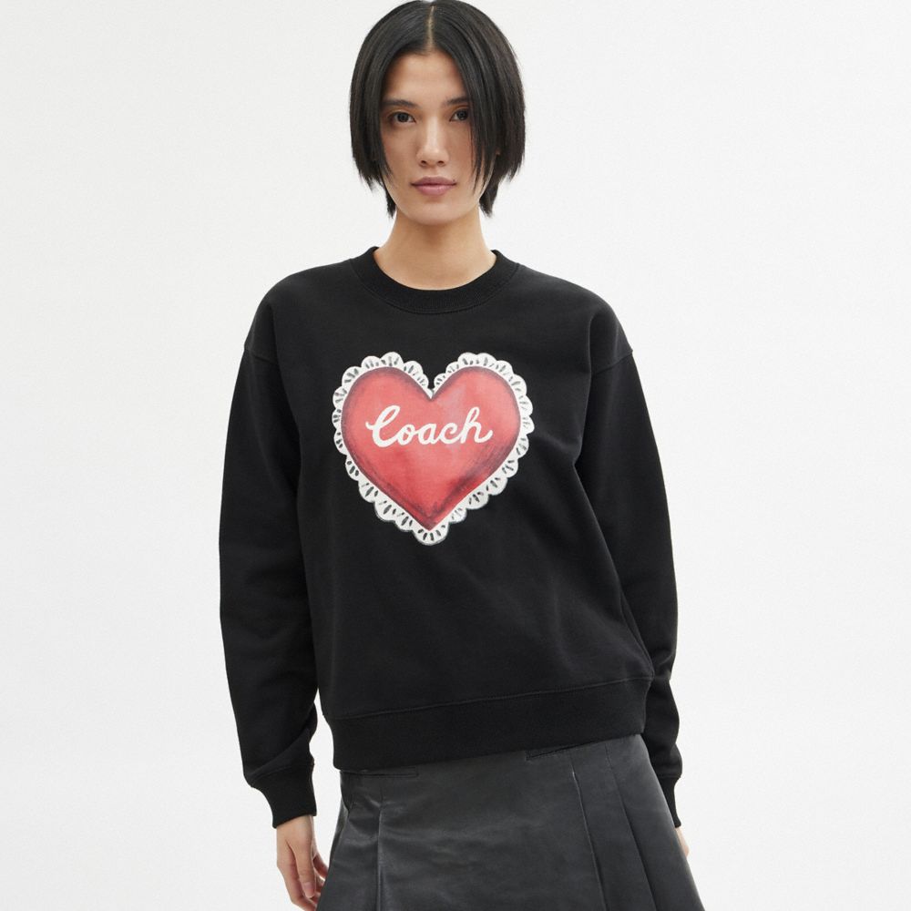 Suéter COACH® Heart Crewneck Mujer Negras | COHAW604