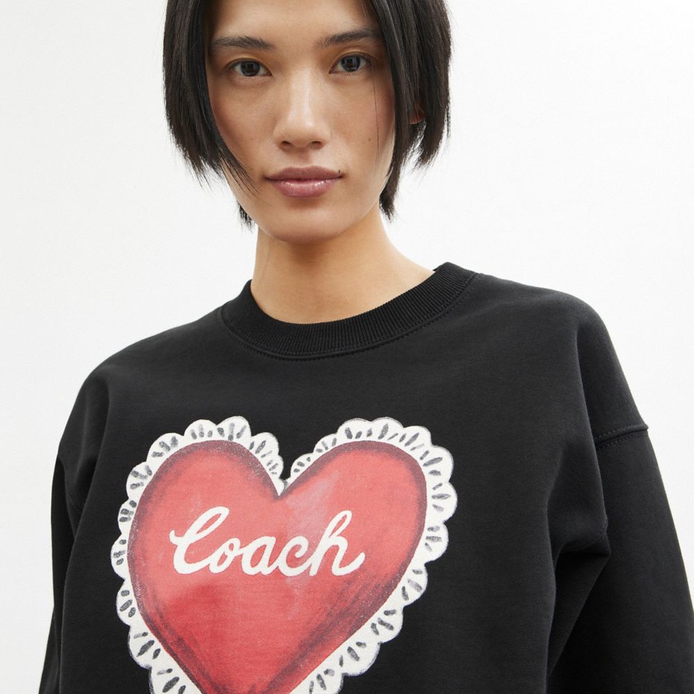 Suéter COACH® Heart Crewneck Mujer Negras | COHAW604