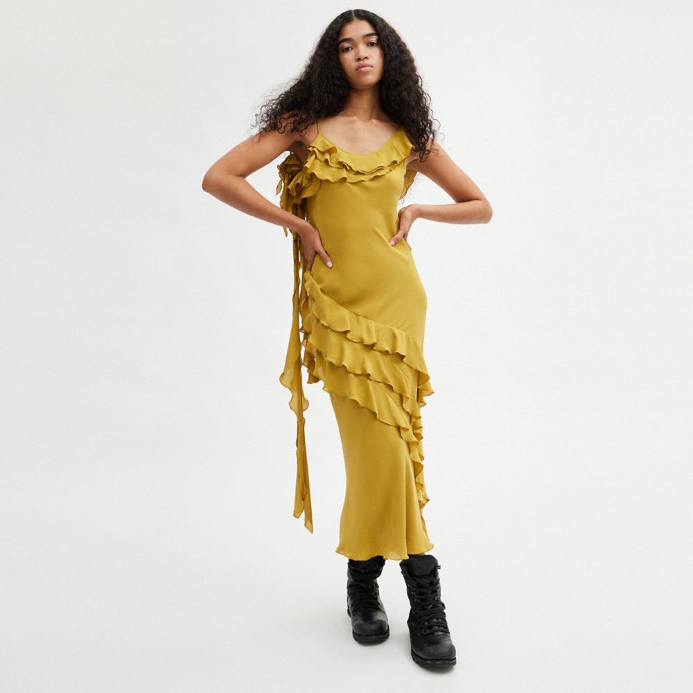 Vestido COACH® Bias With Ruffle Neckline Mujer Amarillo Oscuro | COTCZ676