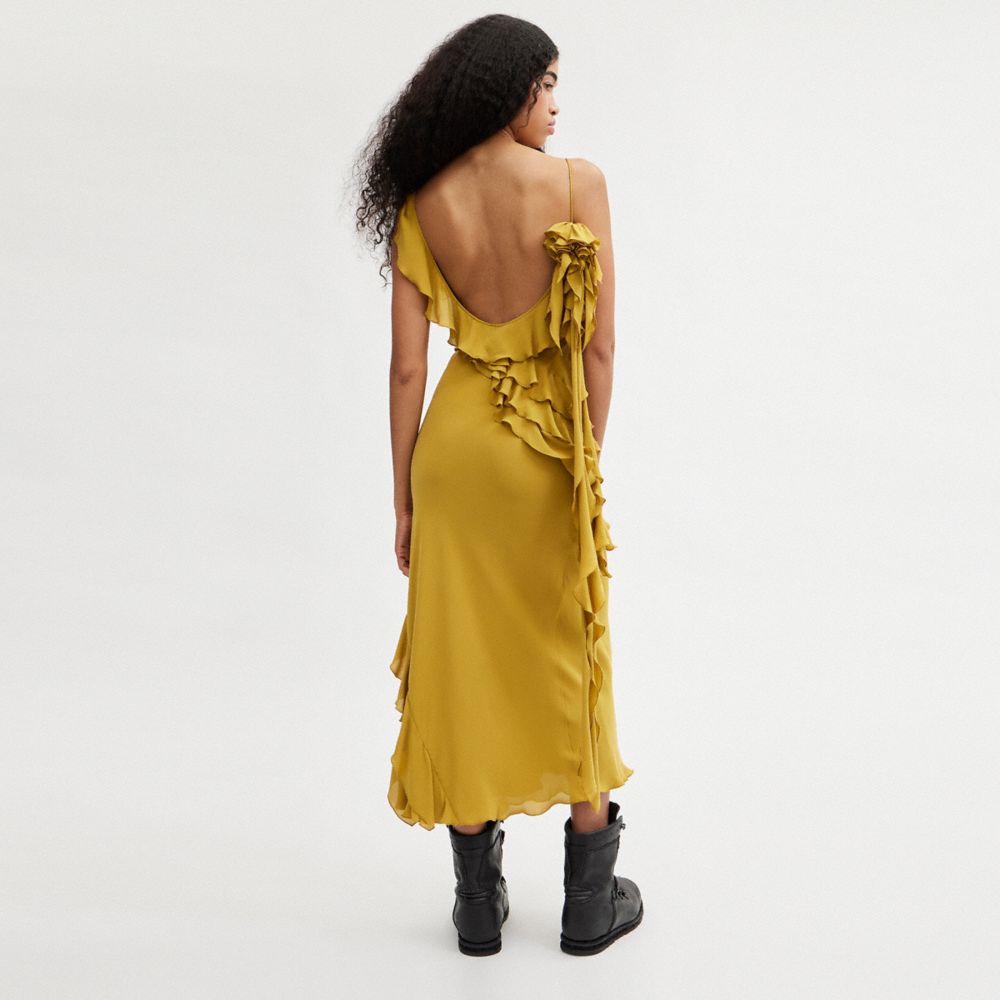 Vestido COACH® Bias With Ruffle Neckline Mujer Amarillo Oscuro | COTCZ676