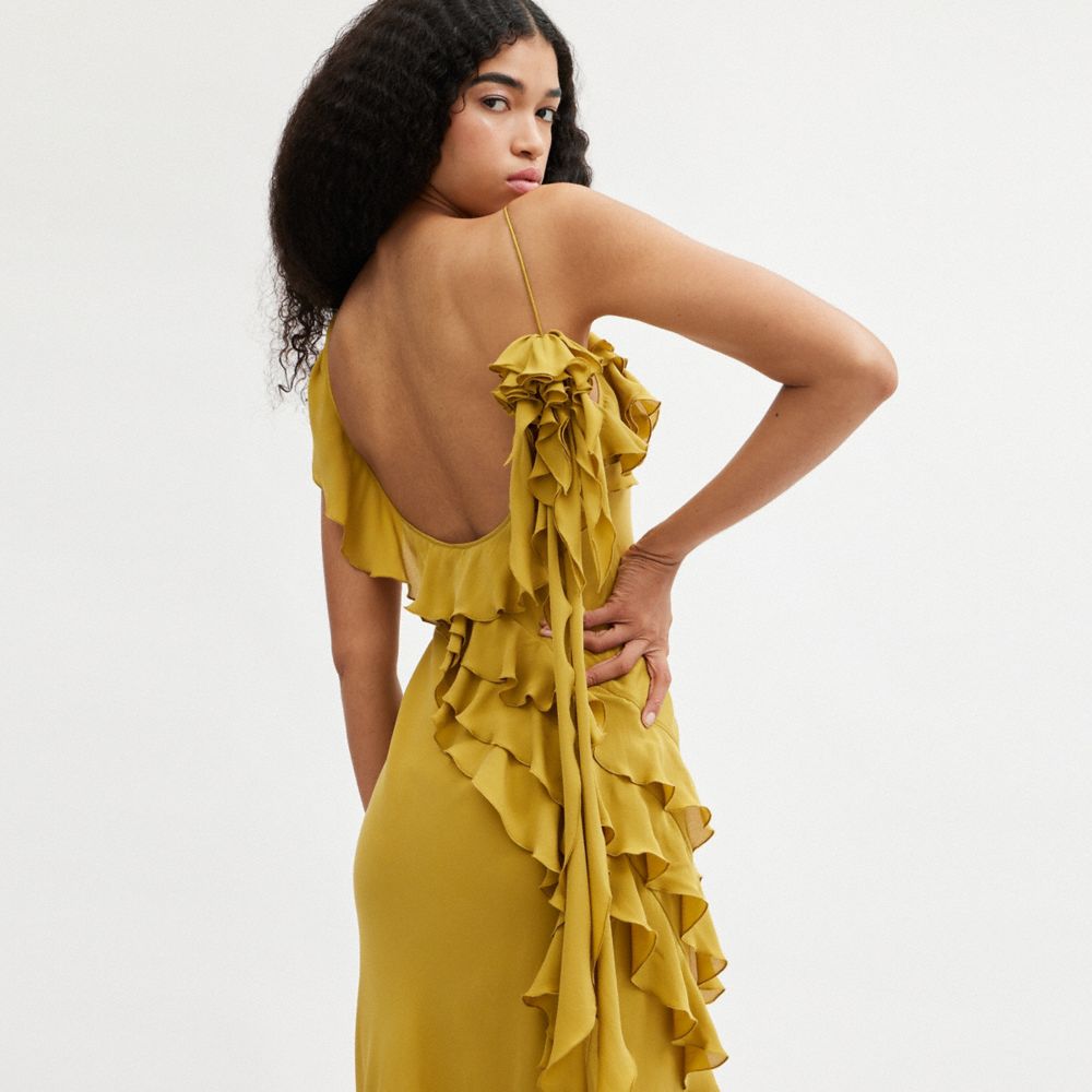 Vestido COACH® Bias With Ruffle Neckline Mujer Amarillo Oscuro | COTCZ676