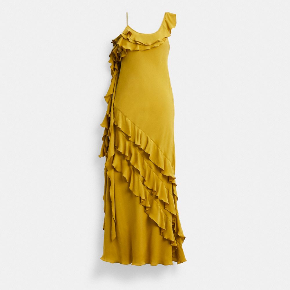 Vestido COACH® Bias With Ruffle Neckline Mujer Amarillo Oscuro | COTCZ676